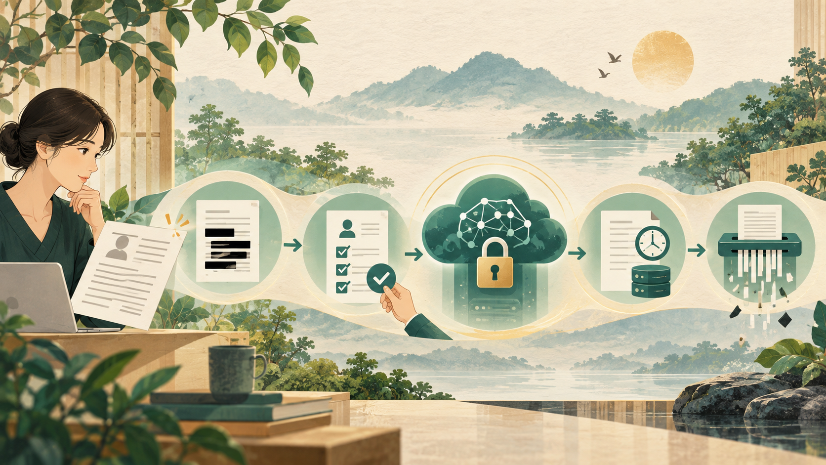 AI利用時の個人情報と機密情報|入力前の確認点の中心となる仕組みを表した図。AIへ情報を入力するときのデータ管理を基礎から整理します。