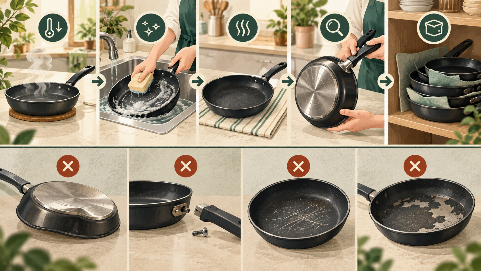 調理器具の手入れと交換時期|安全に使うための基本の中心となる仕組みを表した図。洗浄、乾燥、保管と劣化サインを解説します。