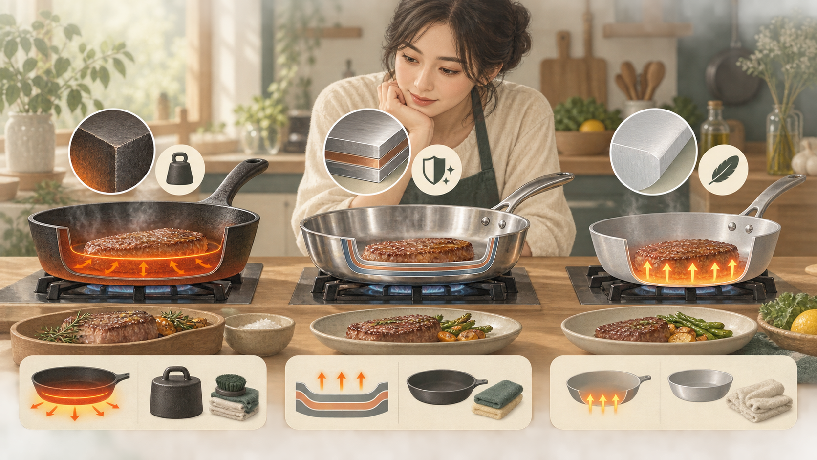 調理器具の素材とは|鉄・ステンレス・アルミの違いの中心となる仕組みを表した図。鍋やフライパンの素材の違いを解説します。