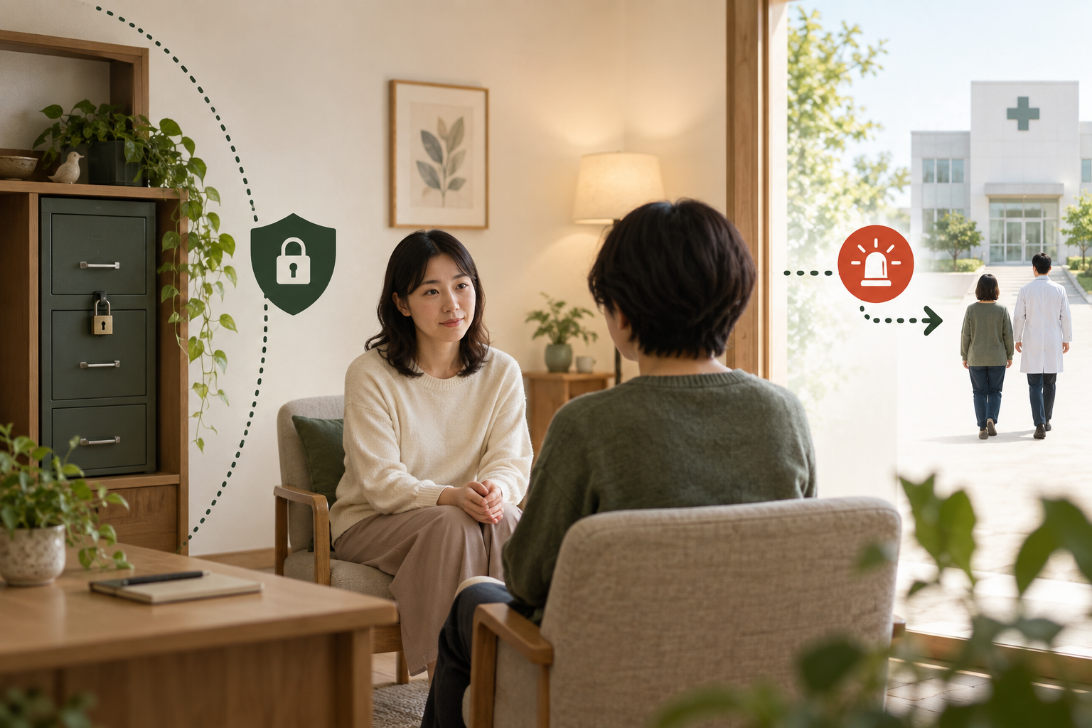 カウンセリングの守秘義務とは｜秘密が守られる範囲と例外の仕組みを順番に示した説明画像