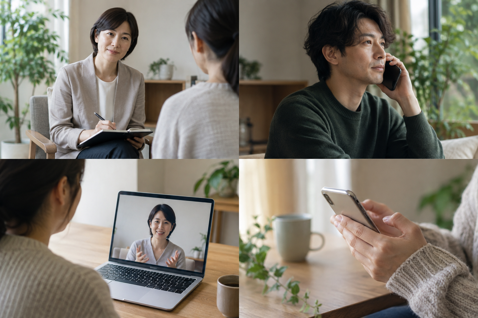 カウンセリングの方法|対面・電話・オンラインの違いの仕組みを順番に示した説明画像