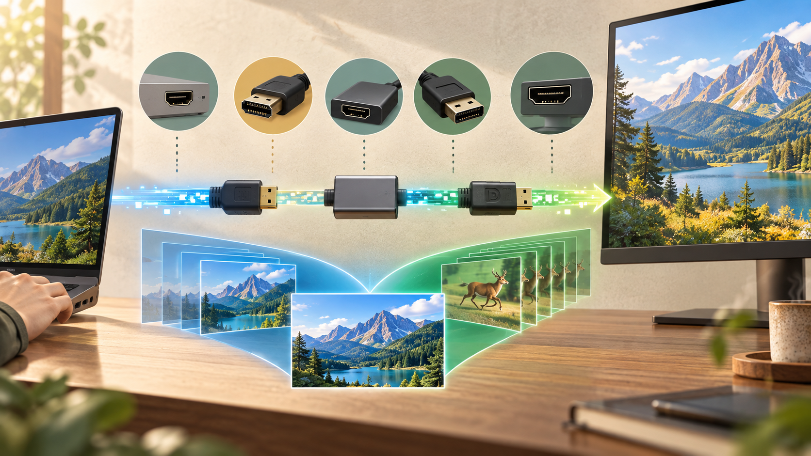 HDMI・DisplayPort・映像出力とは|画面接続の基本の中心となる仕組みを表した図。解像度やリフレッシュレートを決める接続条件を整理します。