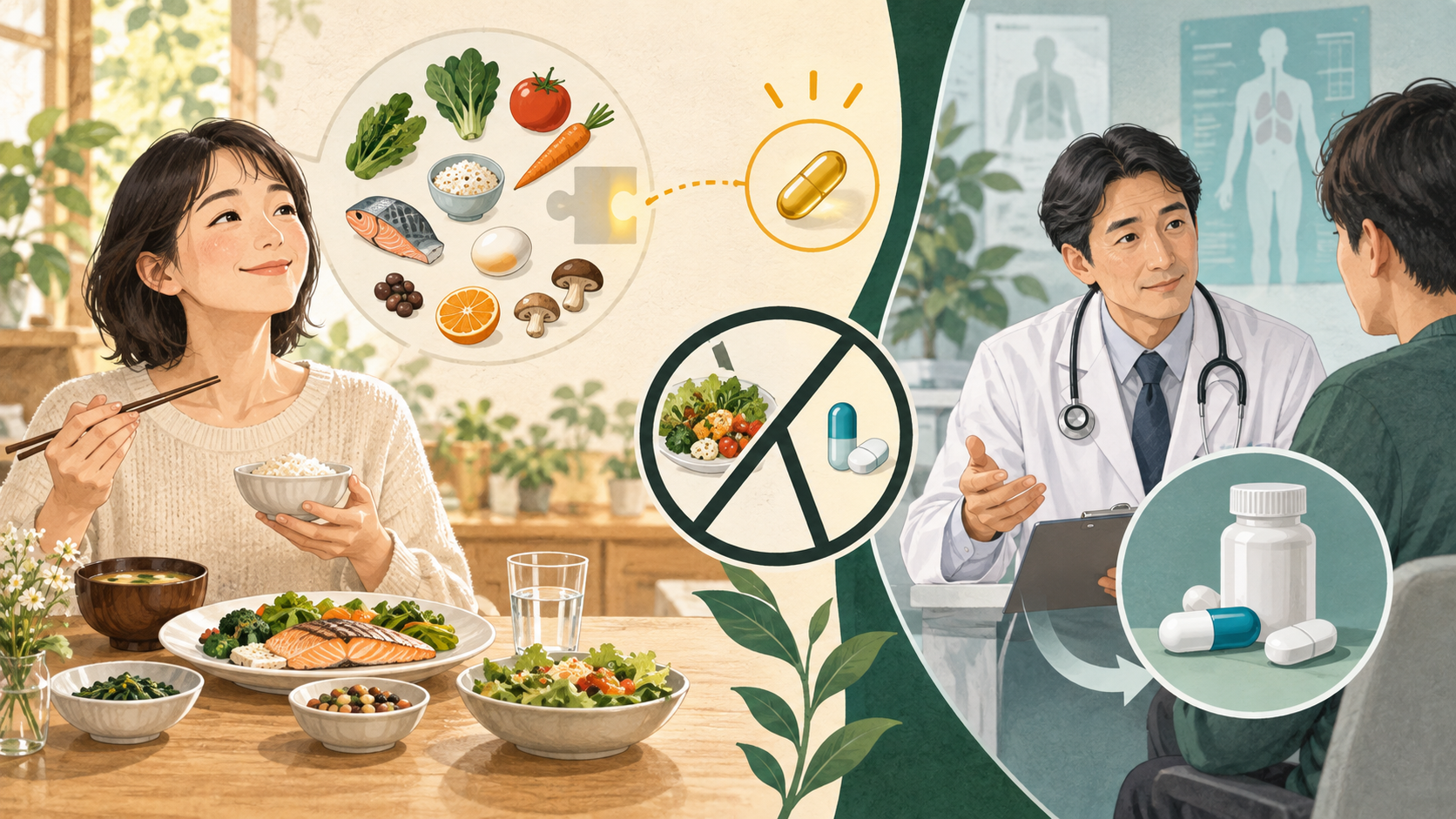 健康食品・サプリメントとは｜医薬品との違いの中心となる仕組みを表した図。健康食品という言葉の範囲と表示の見方を解説します。