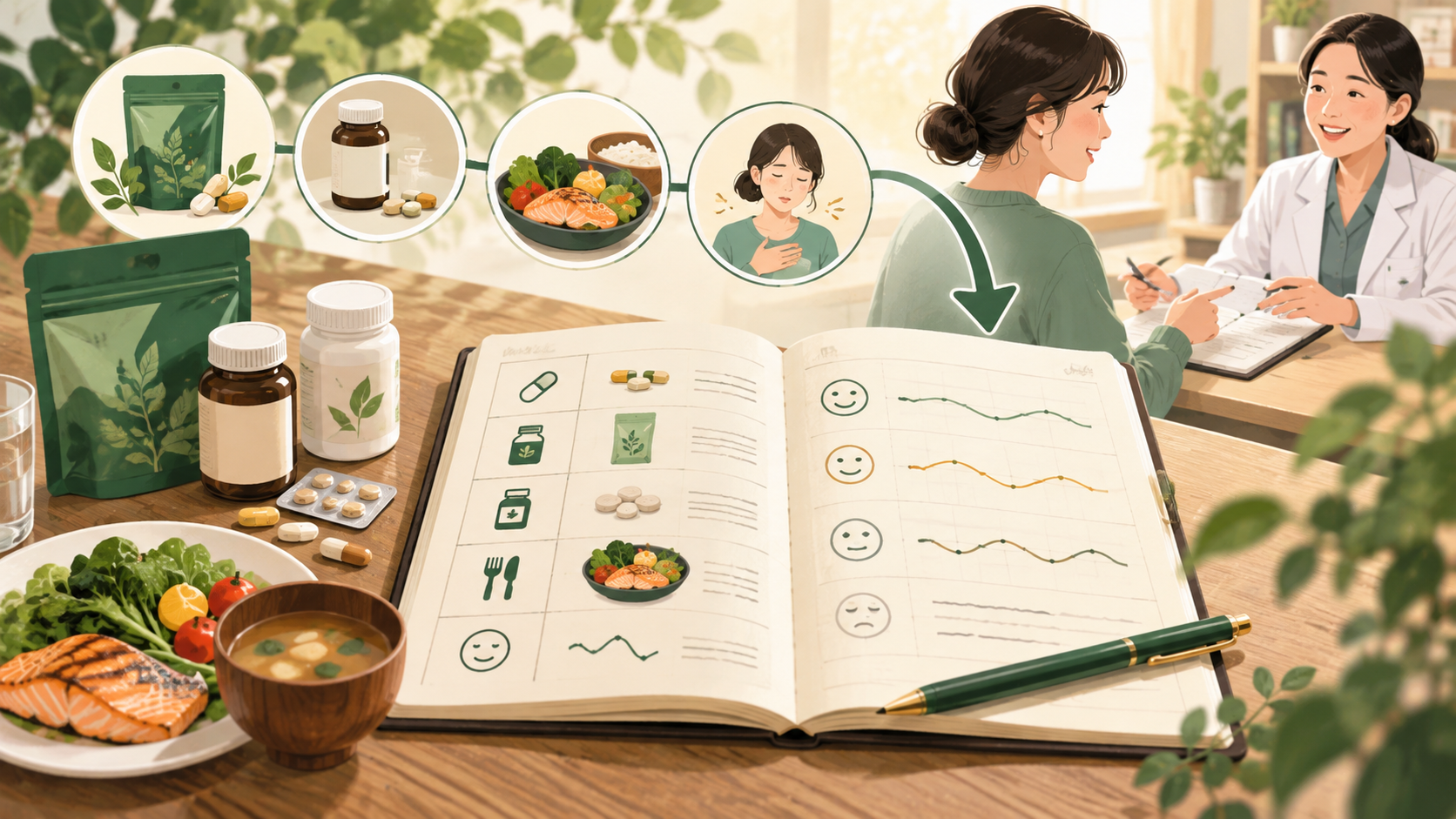 健康食品の利用記録とは|体調変化を相談につなげるの中心となる仕組みを表した図。商品名・量・期間・体調を記録する方法を説明します。