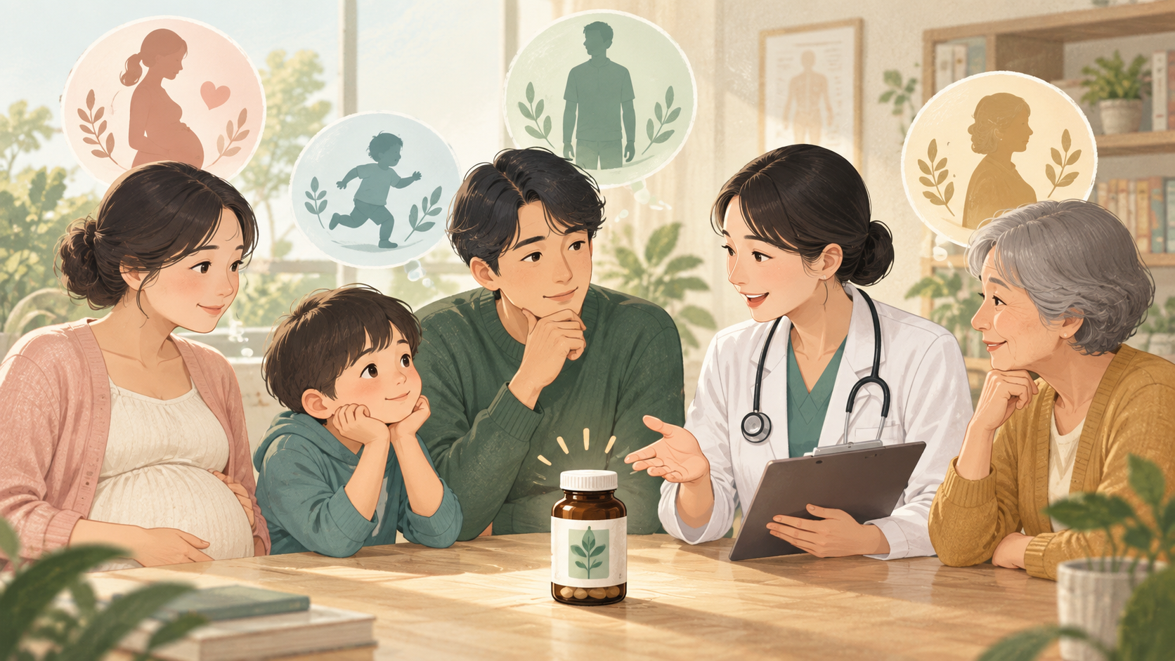 妊娠中・子ども・高齢者のサプリ｜利用前の確認点の中心となる仕組みを表した図。体の状態が異なる人の注意点を一般的に整理します。