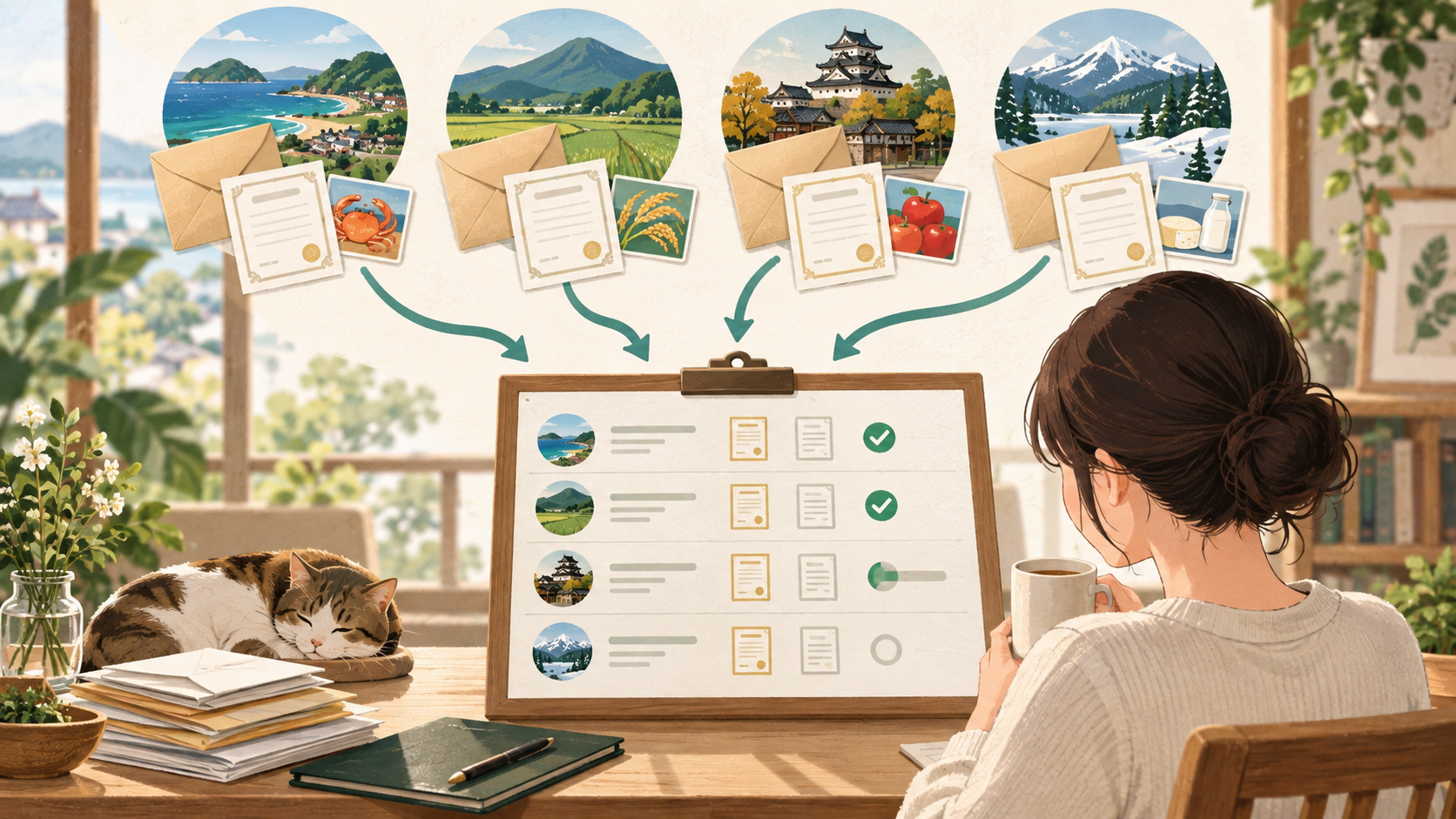 複数自治体への寄附｜申請と書類をまとめる方法の中心となる仕組みを表した図。寄附先が増えたときの管理方法を解説します。