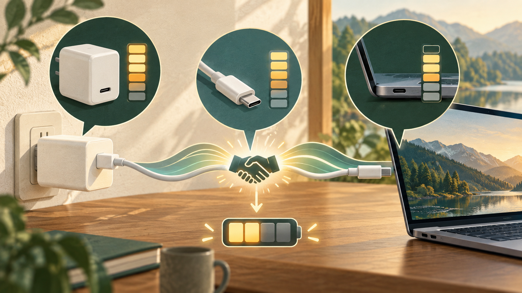 電源アダプターとUSB PDとは|必要な出力の考え方の中心となる仕組みを表した図。機器へ安全に給電するための電圧・電流・電力を整理します。
