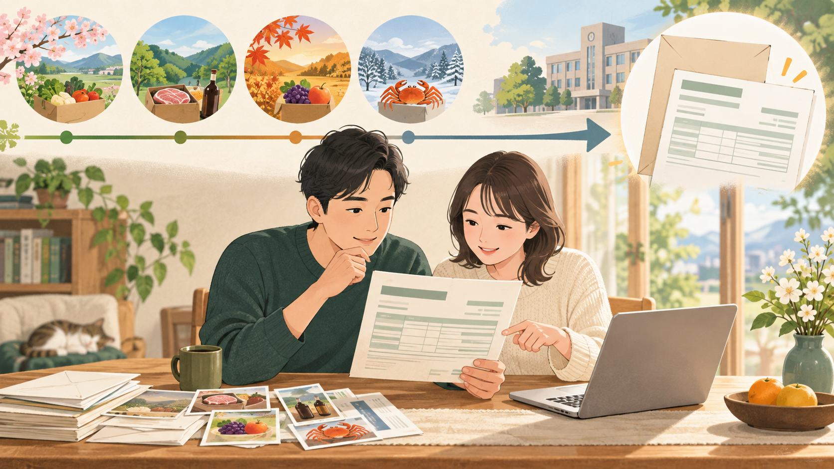 住民税決定通知書で控除を確認する方法｜見る時期と項目の中心となる仕組みを表した図。翌年度の住民税で寄附控除を確認する考え方を説明します。