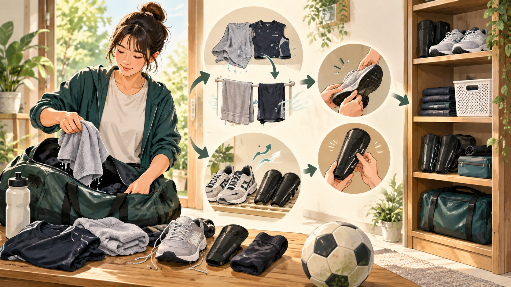 スポーツバッグと用品保管|湿気・汚れを残さない基本の中心となる仕組みを表した図。使用後の用品を安全に持ち帰り保管する方法を整理します。