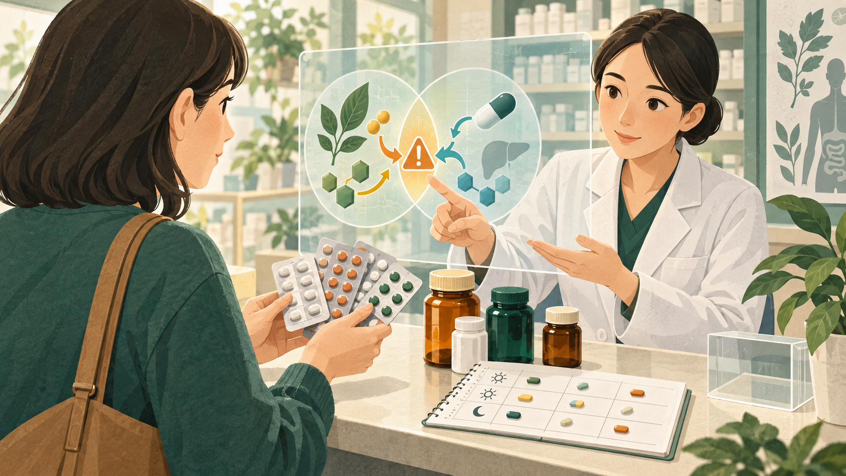 サプリと薬の飲み合わせ|相談時に伝える情報の中心となる仕組みを表した図。健康食品と医薬品を併用するときの注意点を解説します。
