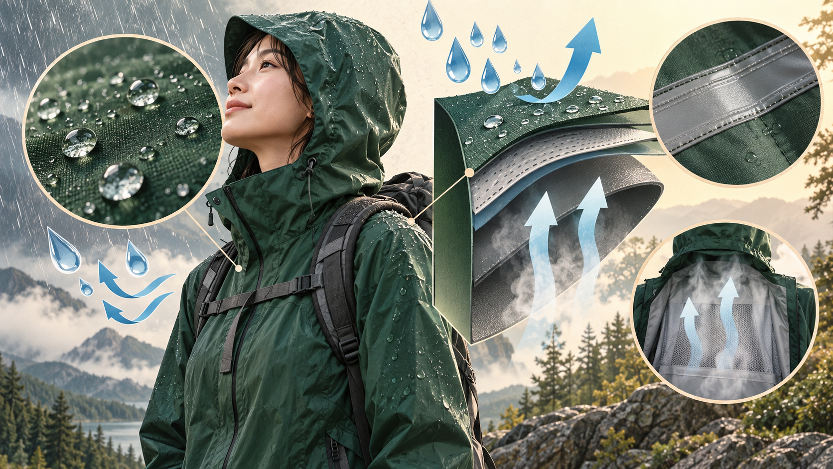 防水性と透湿性とは|雨具の性能表示を読むの中心となる仕組みを表した図。水を防ぎ蒸れを逃がす素材の働きを解説します。